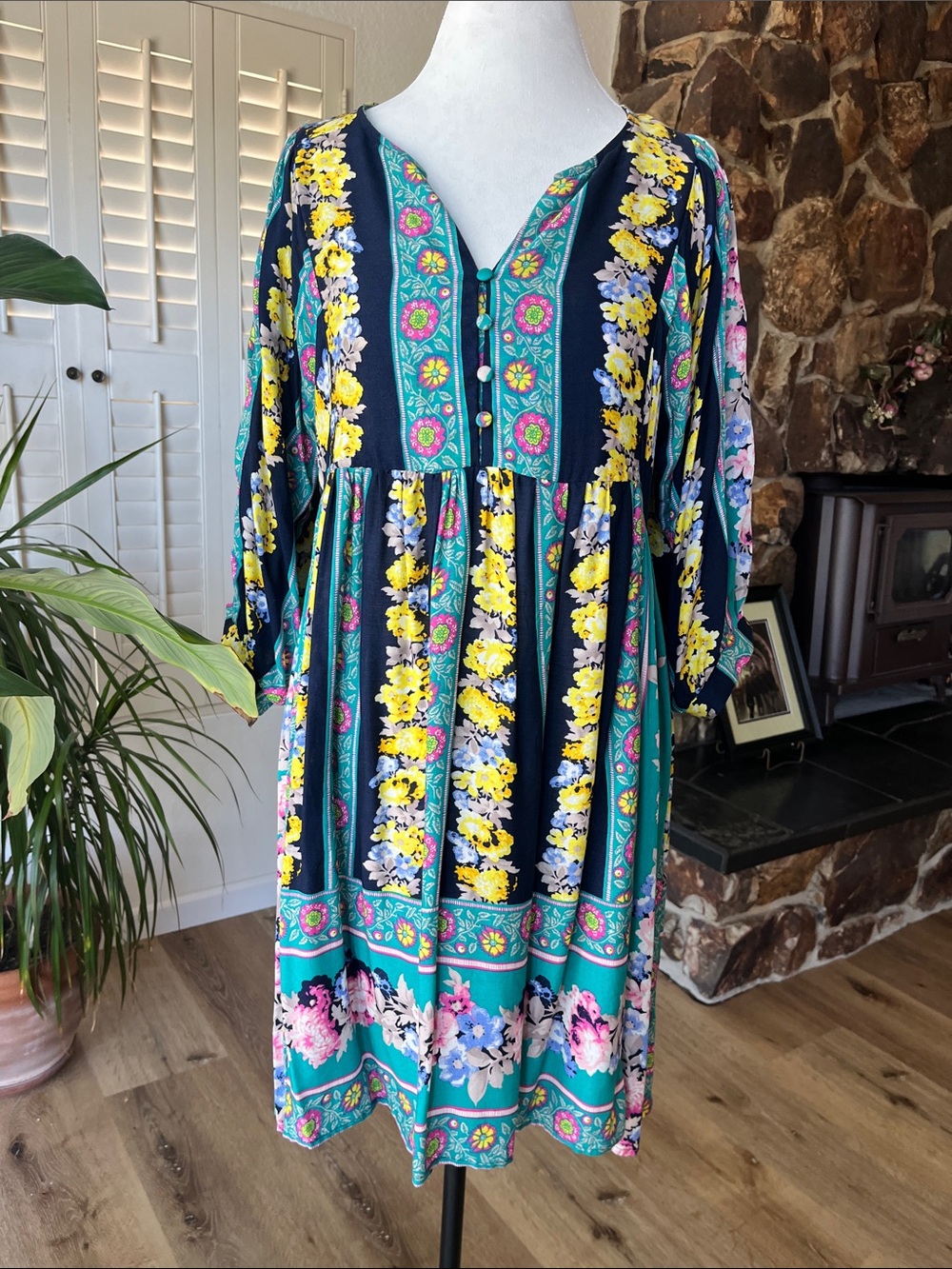 Boho Floral Midi Dress in Teal and Yellow Size M
